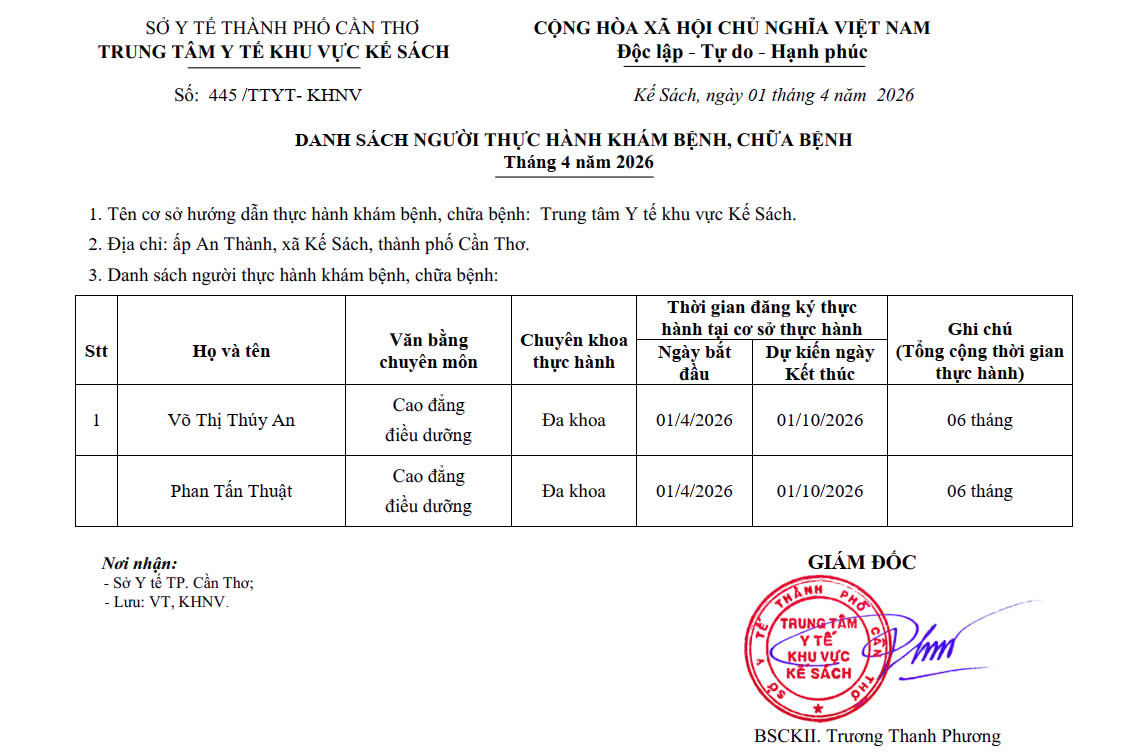 DANH SÁCH NGƯỜI THỰC HÀNH KHÁM BỆNH, CHỮA BỆNH THÁNG 04/2026